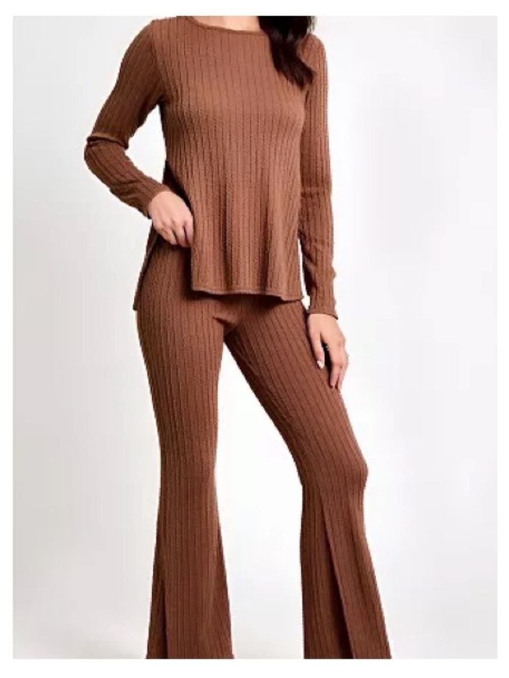 NWT GILLI 2PC Set -Ribbed Knit Long Sleeve Top w/Matching Flare Pants in Mocha